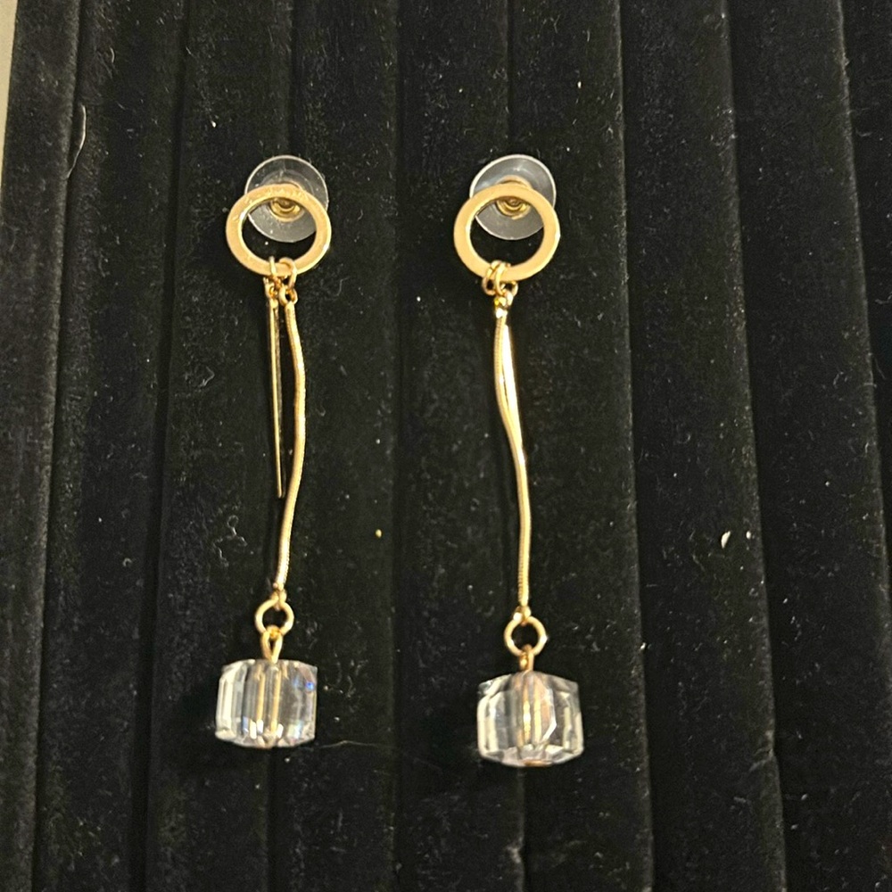 Elegant Gold-Tone Drop Earrings with Clear Geometric Crystal Accents
